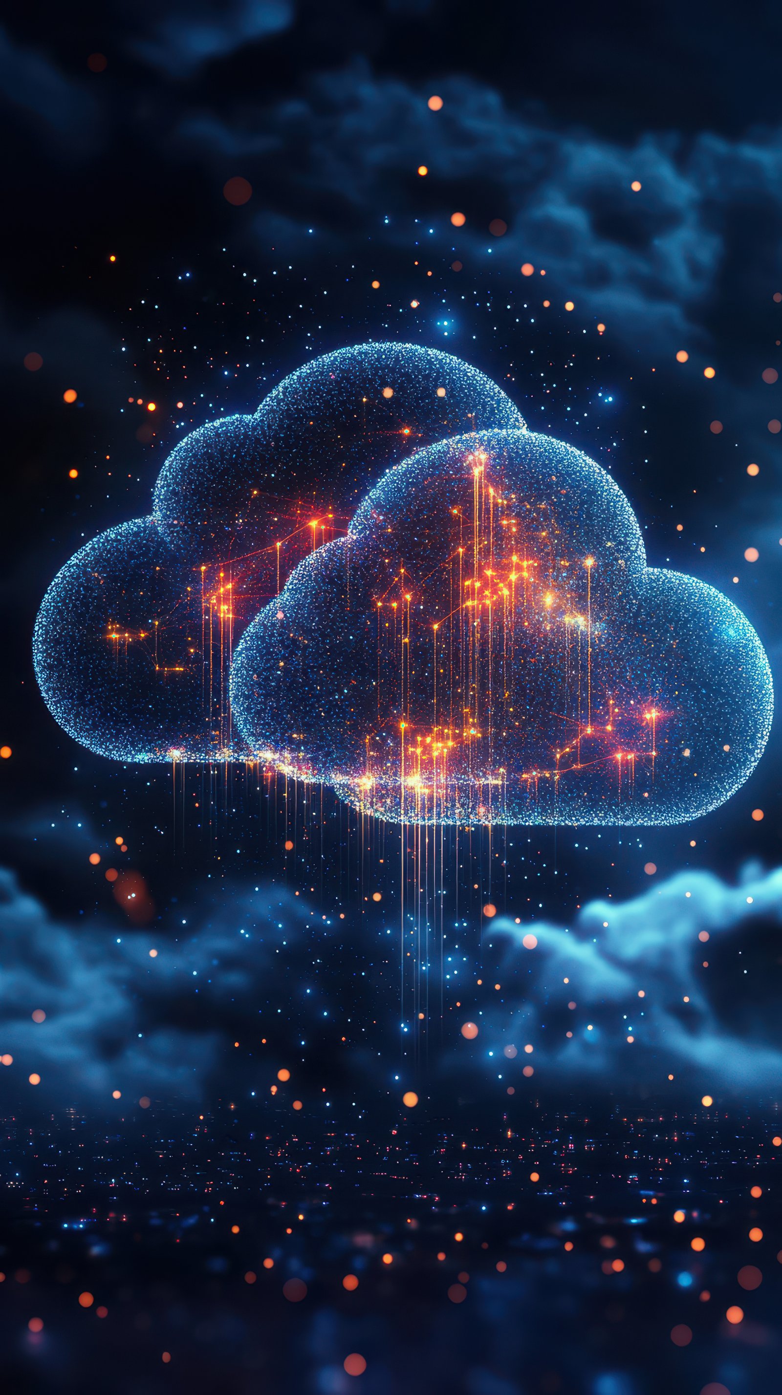Digital representation of glowing clouds with sparkling elements in a cosmic atmosphere at night